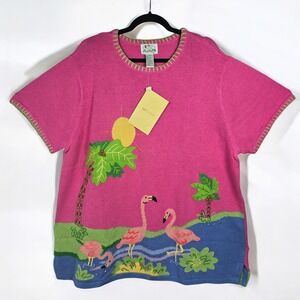 Bright Pink Flamingo Graphic Short-Sleeve Sweater